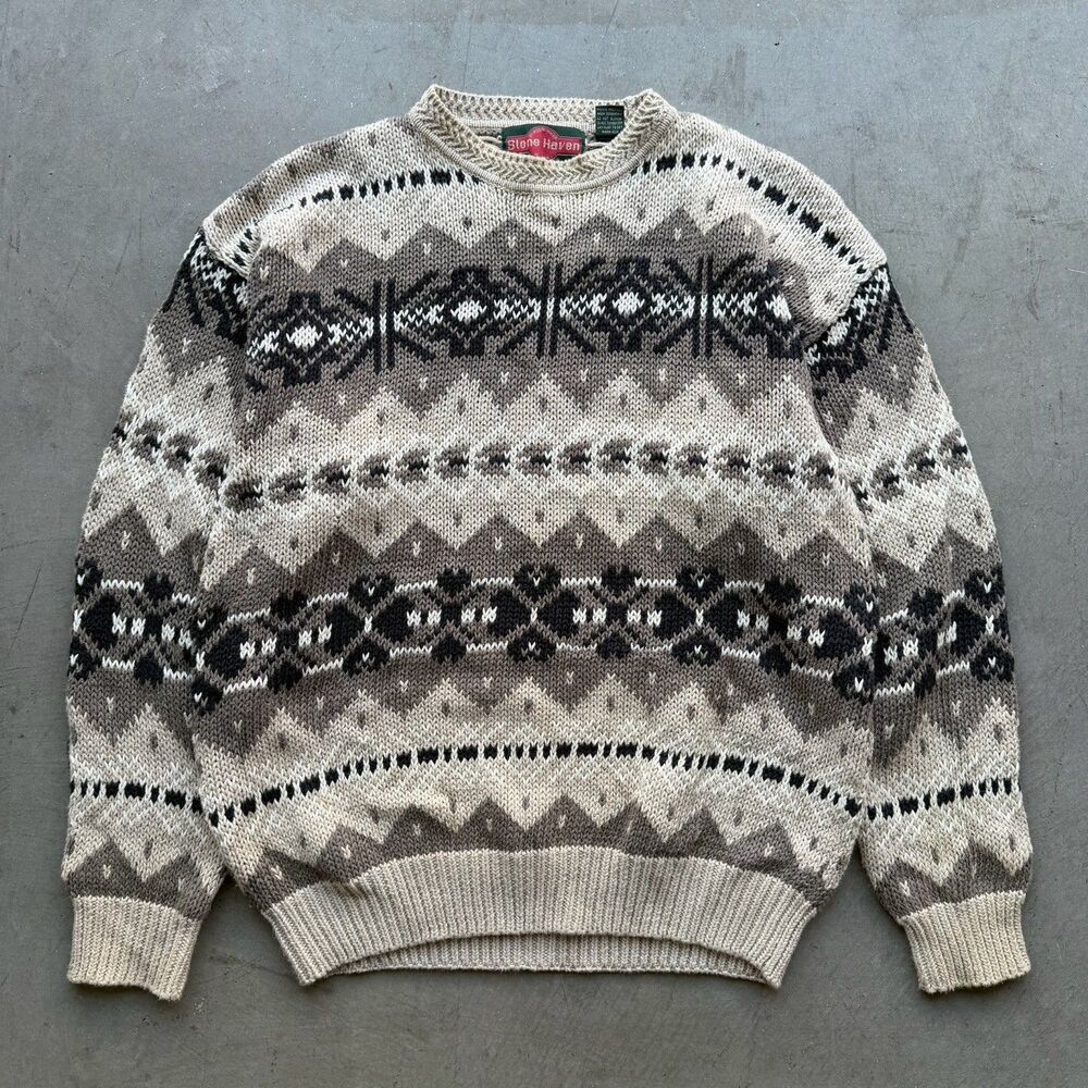 Vintage Stone Haven Sweater Mens L Geometric Fair Isle Grandpa Pullover Jumper